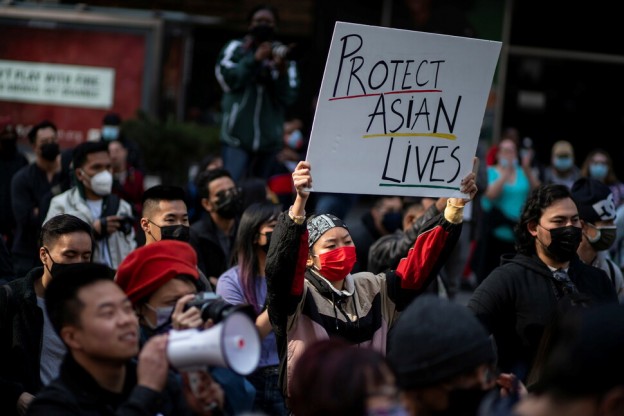 People take part in a Stop Asian Hate rally at Times Square in New York